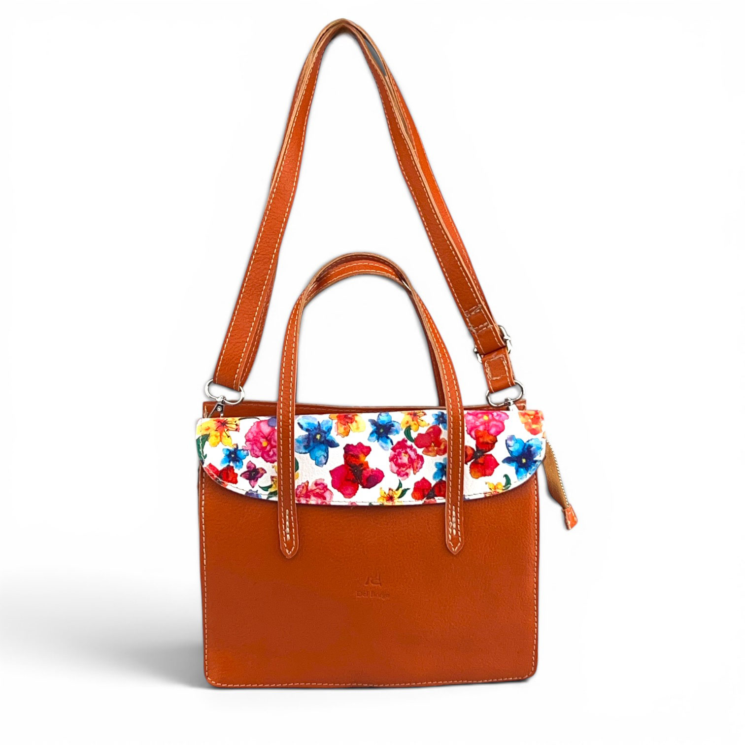 borsa in pelle arancio con patta multicolor pelle stampata fiori tracolla fronte borsa in pelle arancio con patta multicolor pelle stampata fiori tracolla fronte