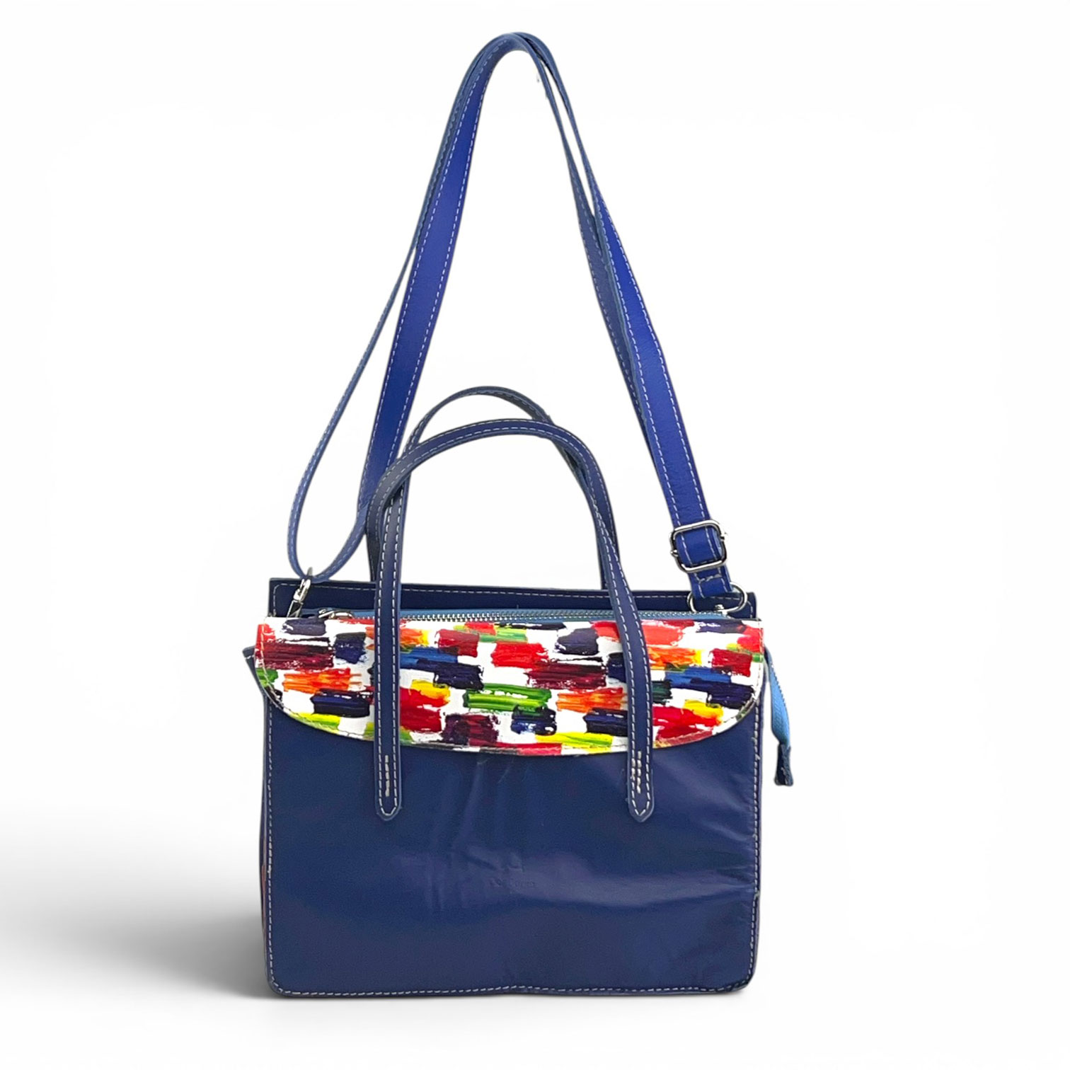 borsa in pelle blu con patta multicolor pelle stampata tracolla fronte borsa in pelle blu con patta multicolor pelle stampata tracolla fronte