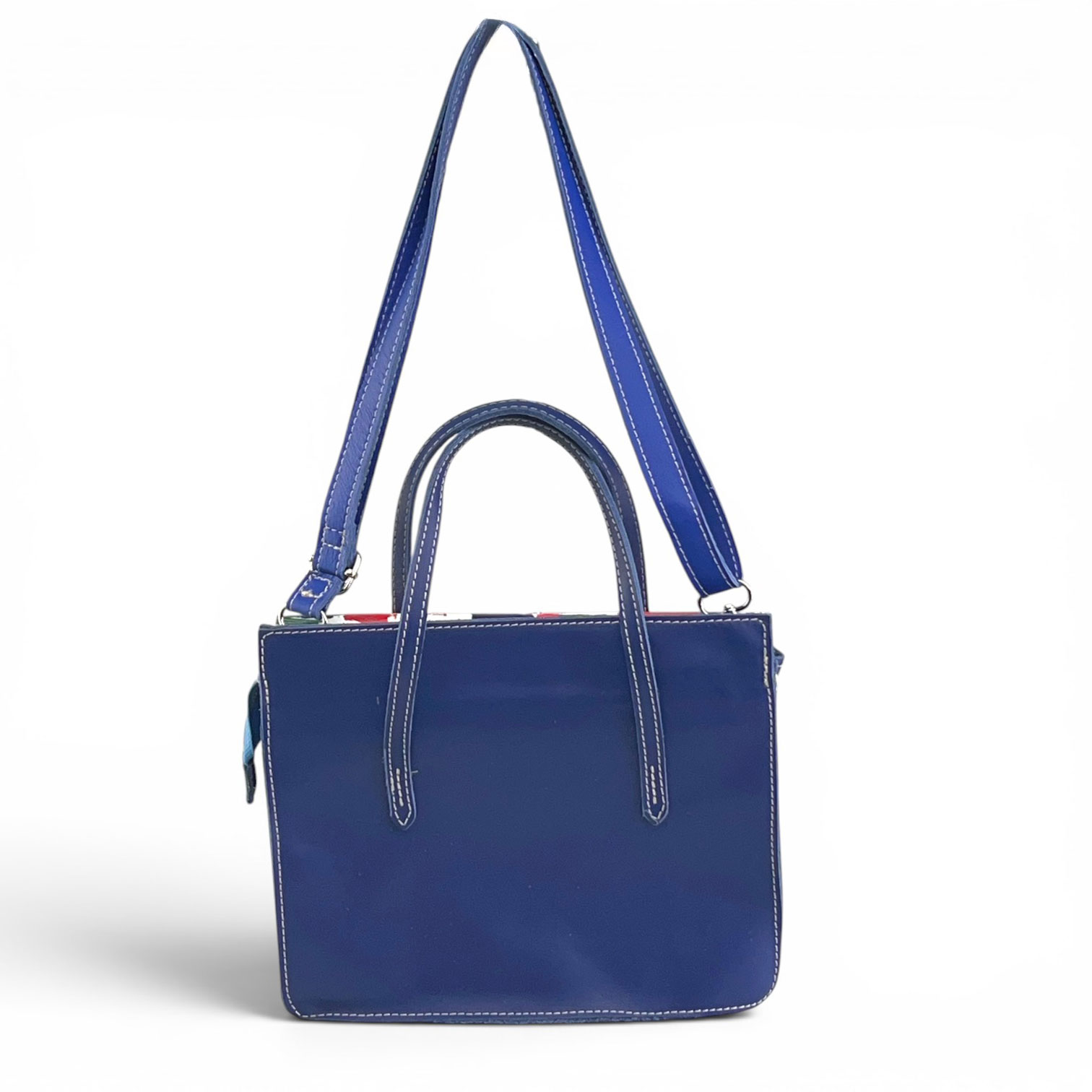 borsa in pelle blu con patta multicolor pelle stampata tracolla retro borsa in pelle blu con patta multicolor pelle stampata tracolla retro