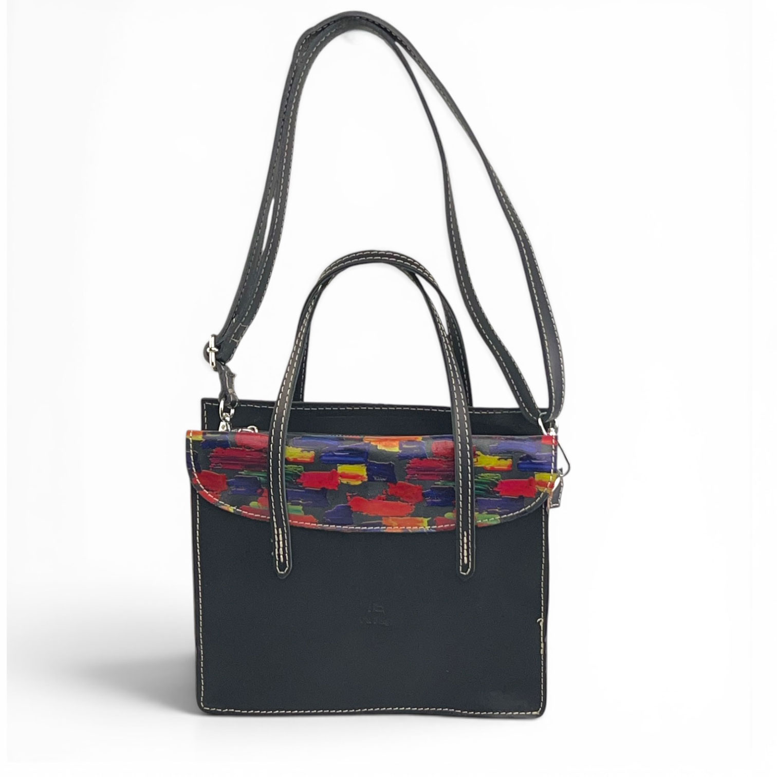 borsa in pelle nero con patta multicolor pelle stampata tracolla fronte borsa in pelle nero con patta multicolor pelle stampata tracolla fronte